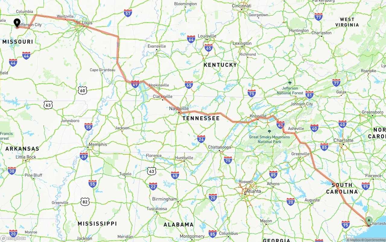 Shipping route from Port of Charleston to Missouri
