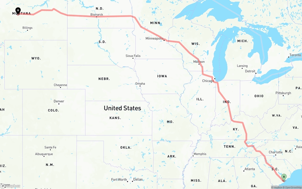 Shipping route from Port of Charleston to Montana