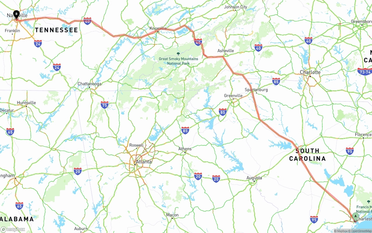 Shipping route from Port of Charleston to Nashville