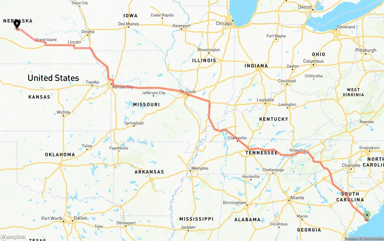 Shipping route from Port of Charleston to Nebraska