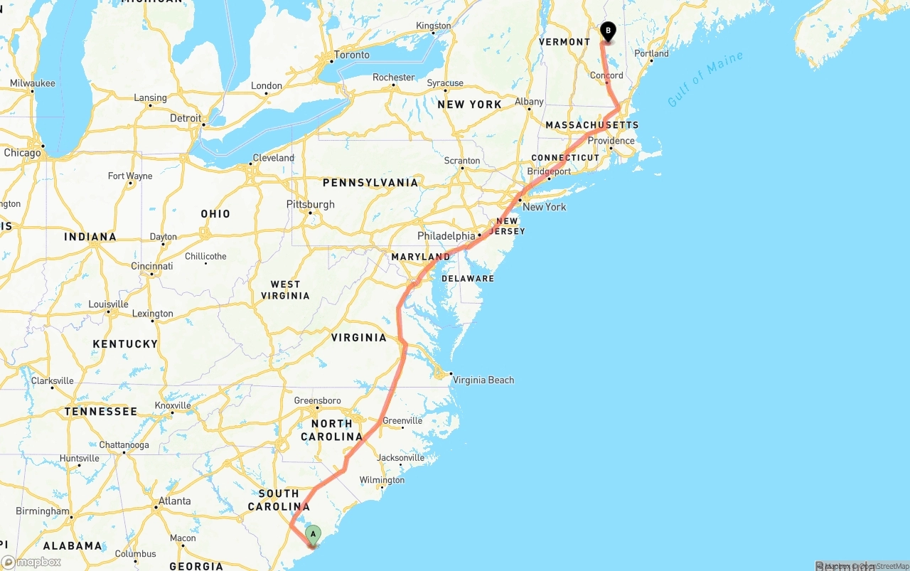 Shipping route from Port of Charleston to New Hampshire