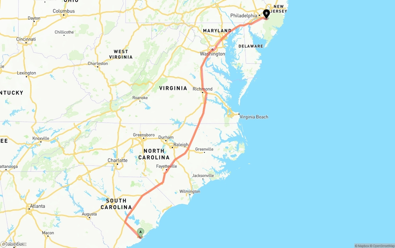 Shipping route from Port of Charleston to New Jersey