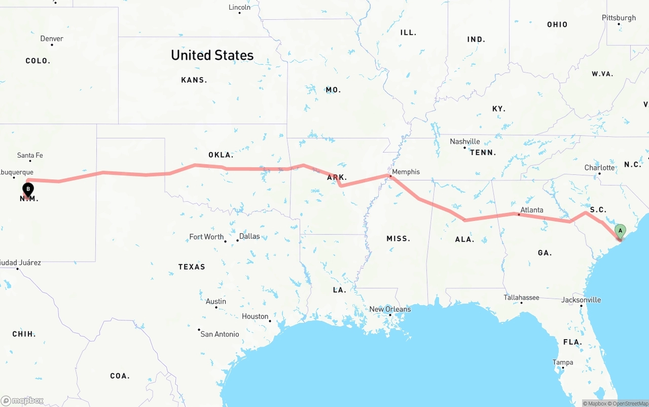 Shipping route from Port of Charleston to New Mexico