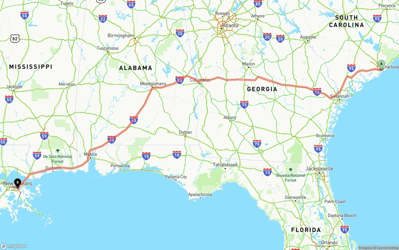 Shipping route from Port of Charleston to New Orleans