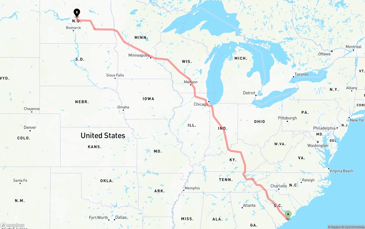 Shipping route from Port of Charleston to North Dakota