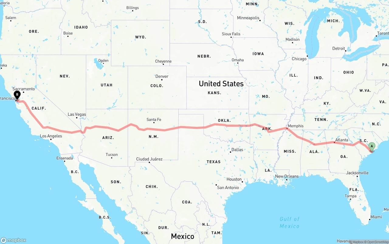 Shipping route from Port of Charleston to Oakland
