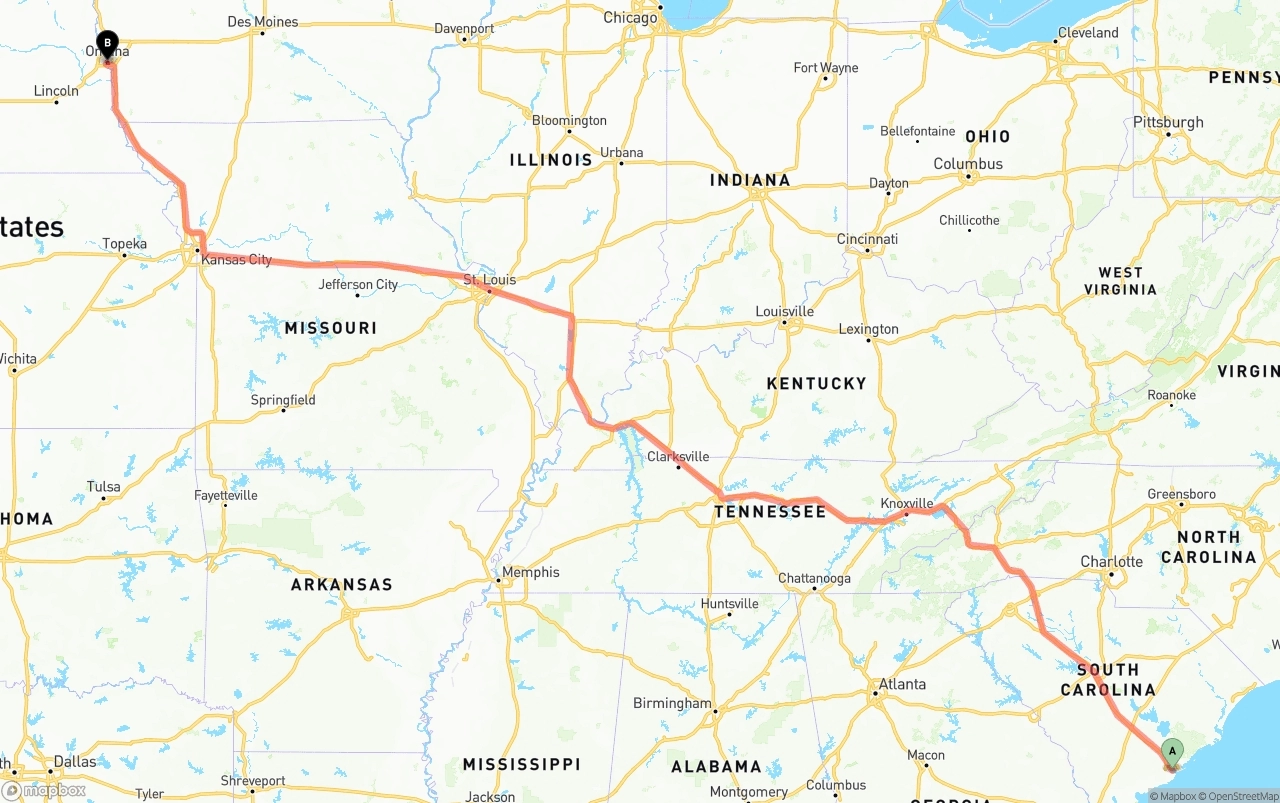 Shipping route from Port of Charleston to Omaha