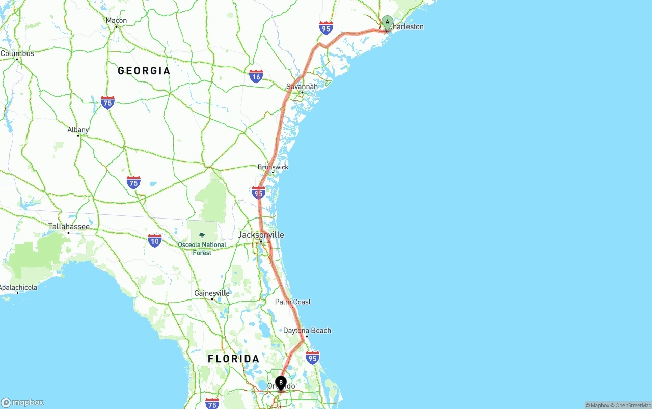 Shipping route from Port of Charleston to Orlando