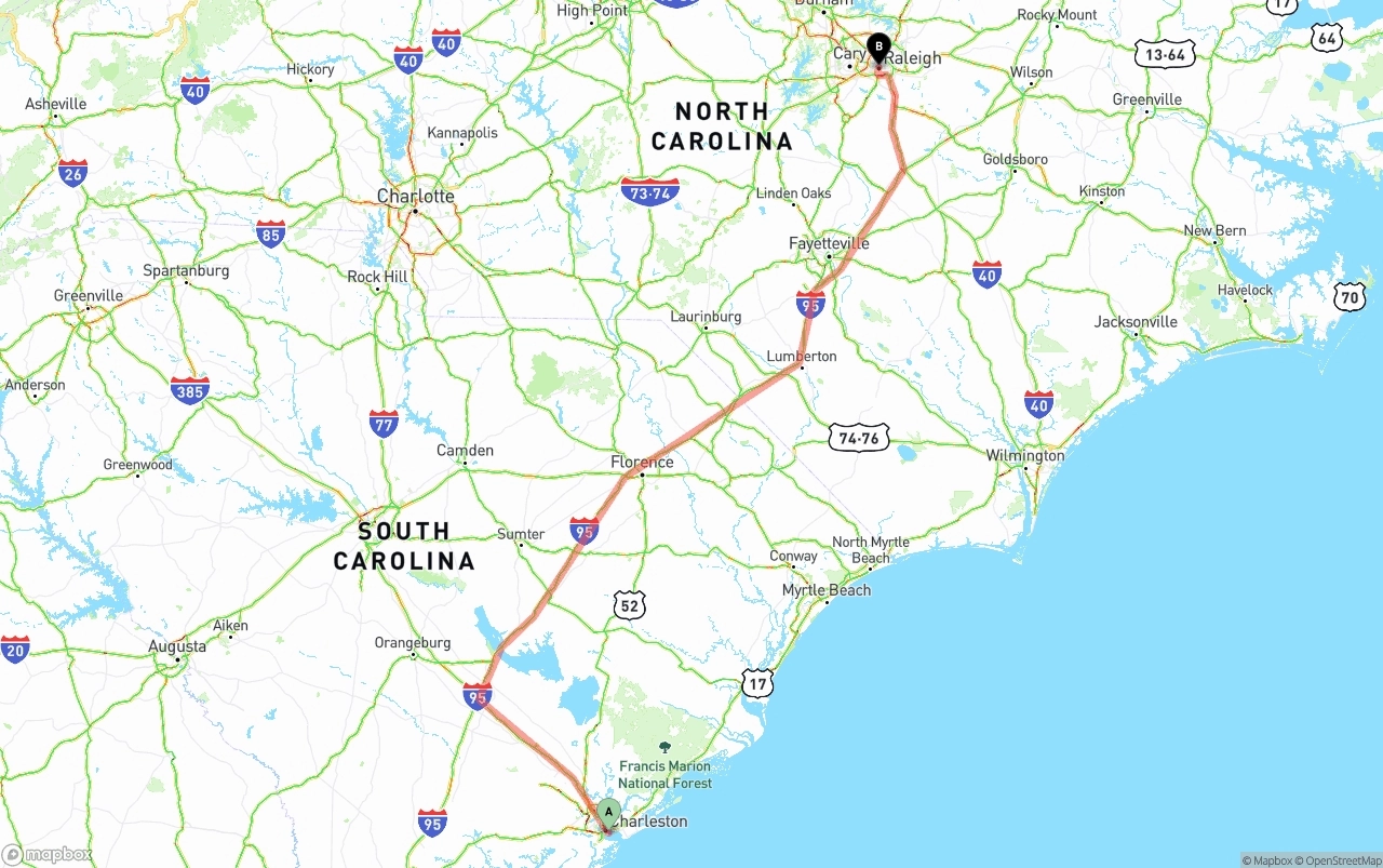 Shipping route from Port of Charleston to Raleigh