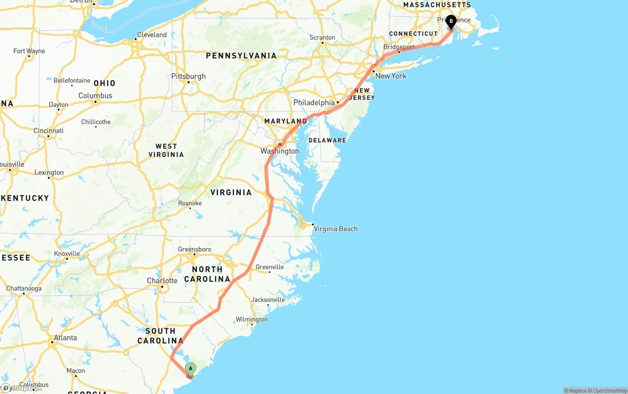 Shipping route from Port of Charleston to Rhode Island