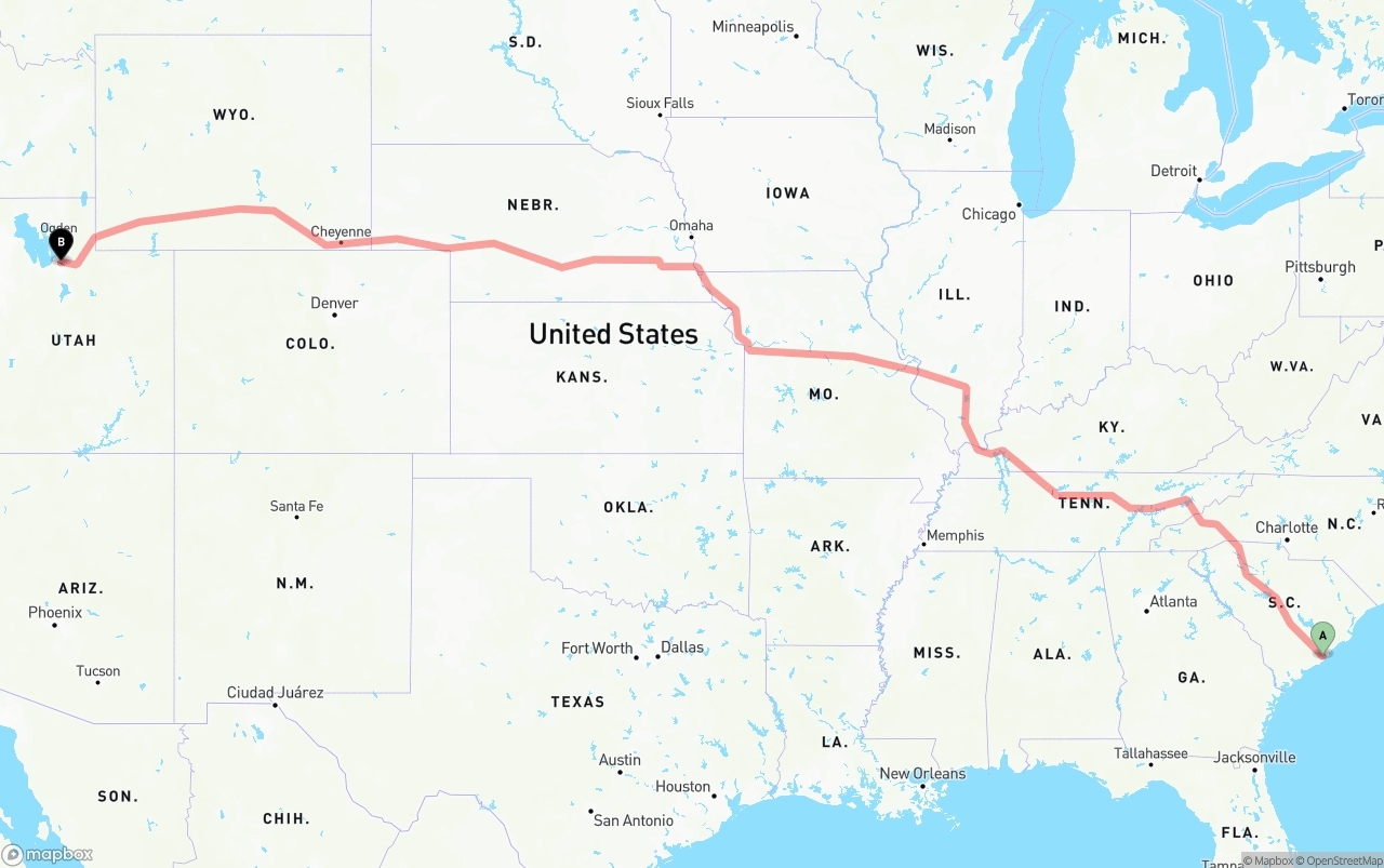 Shipping route from Port of Charleston to Salt Lake City
