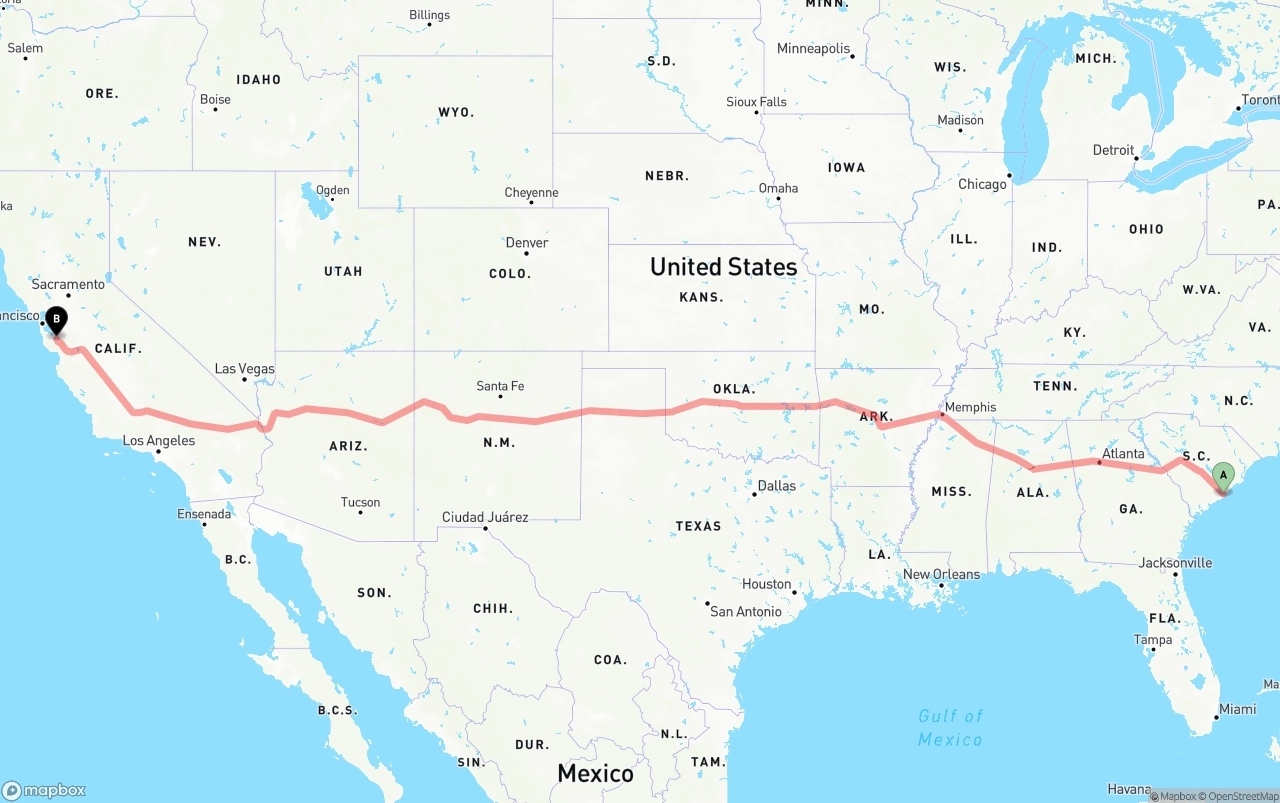 Shipping route from Port of Charleston to San Jose