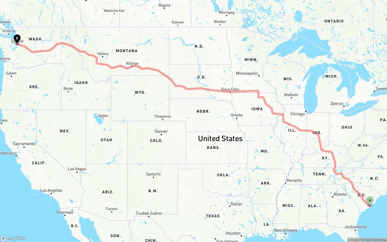 Shipping route from Port of Charleston to Seattle