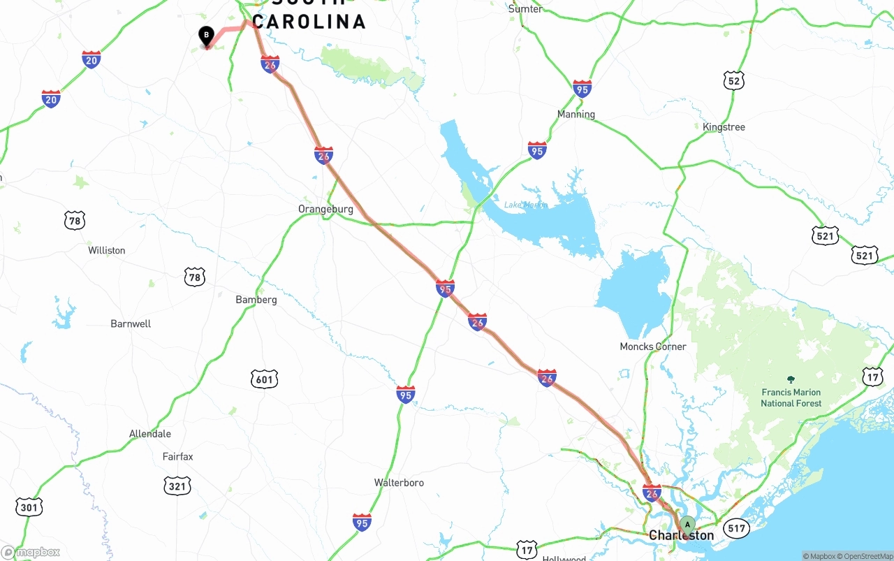 Shipping route from Port of Charleston to South Carolina