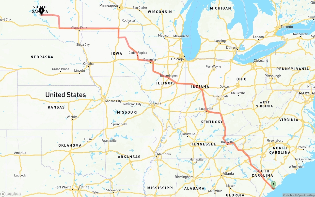 Shipping route from Port of Charleston to South Dakota