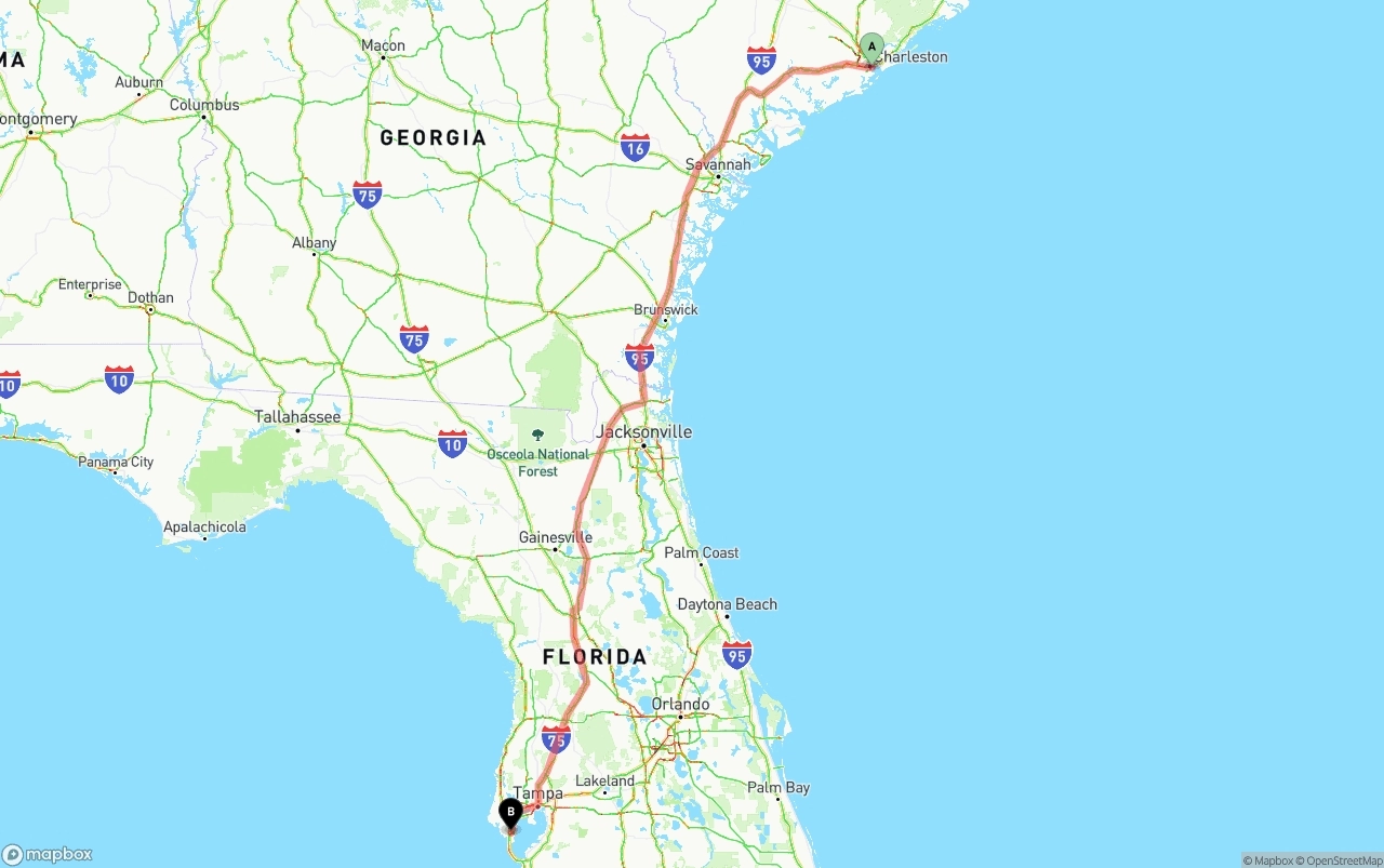 Shipping route from Port of Charleston to St. Petersburg