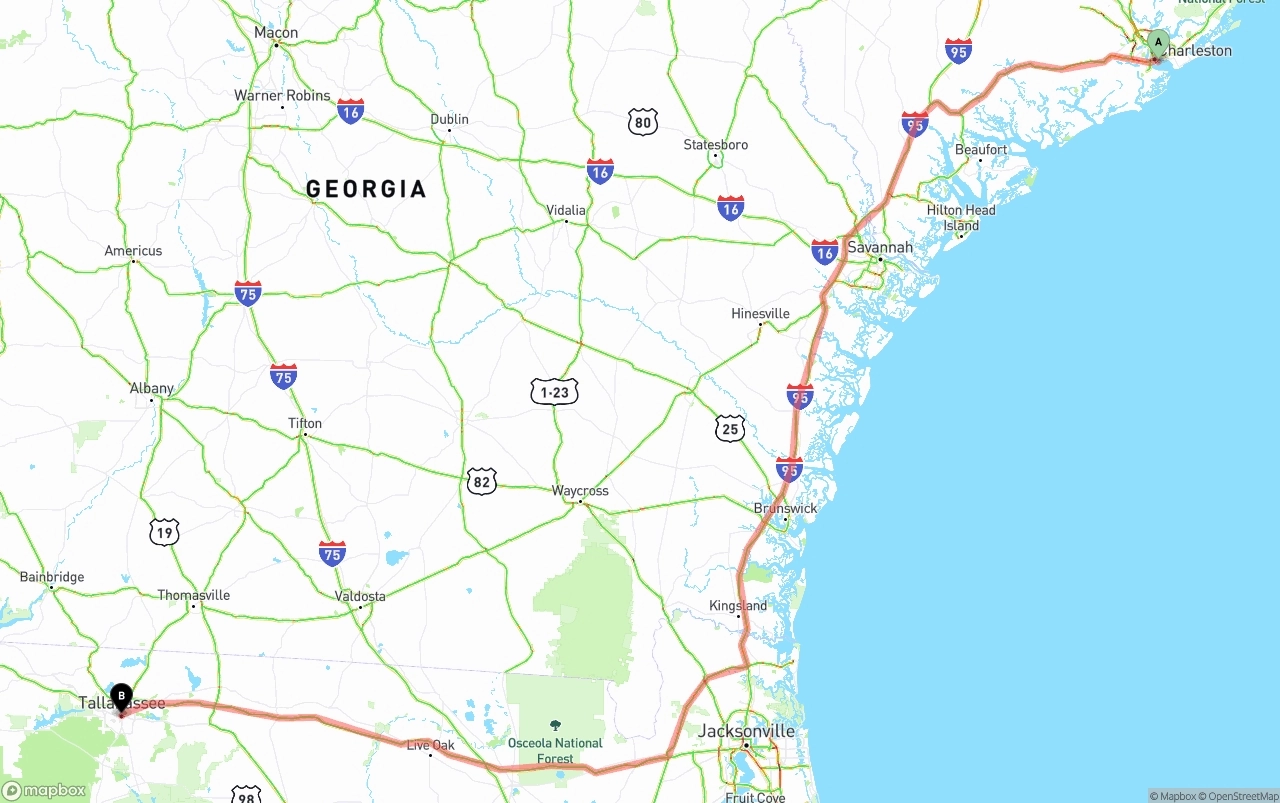 Shipping route from Port of Charleston to Tallahassee