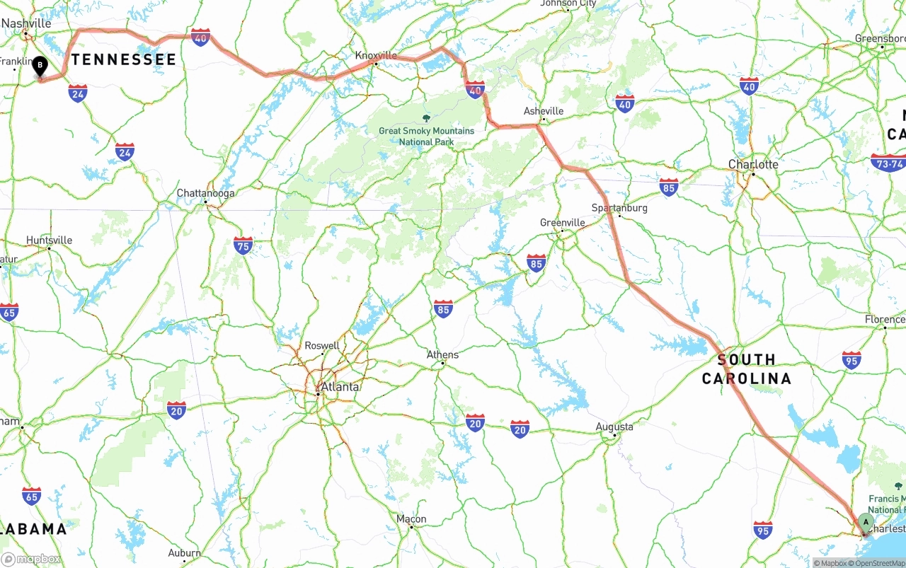 Shipping route from Port of Charleston to Tennessee