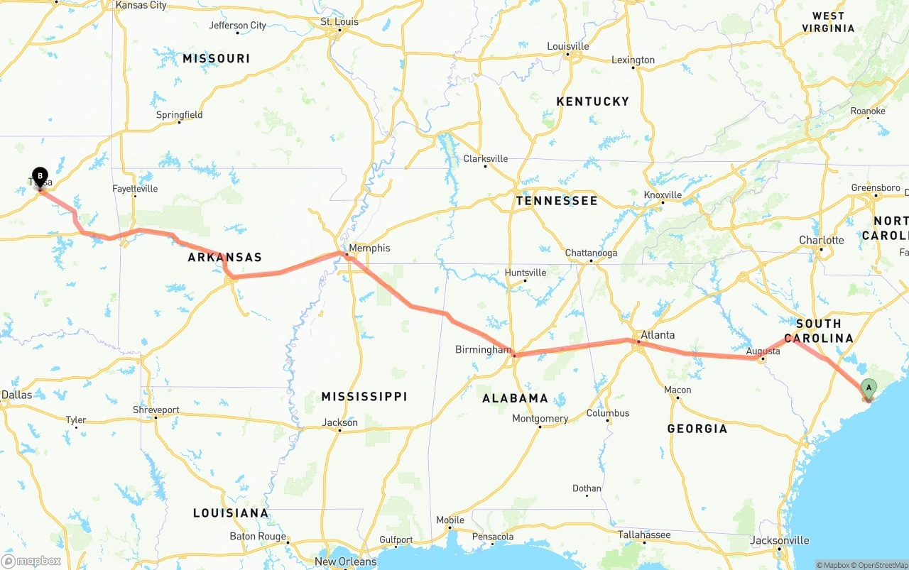 Shipping route from Port of Charleston to Tulsa