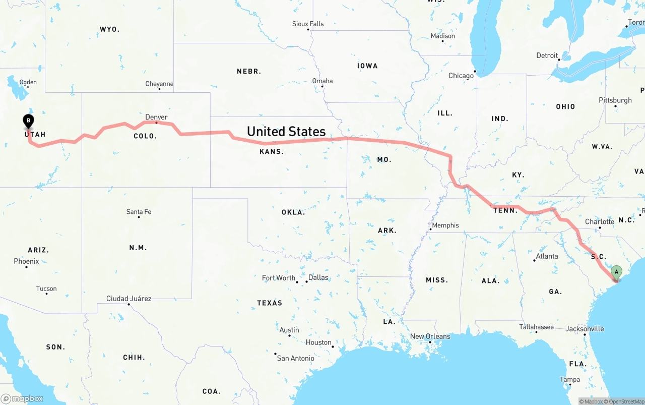 Shipping route from Port of Charleston to Utah