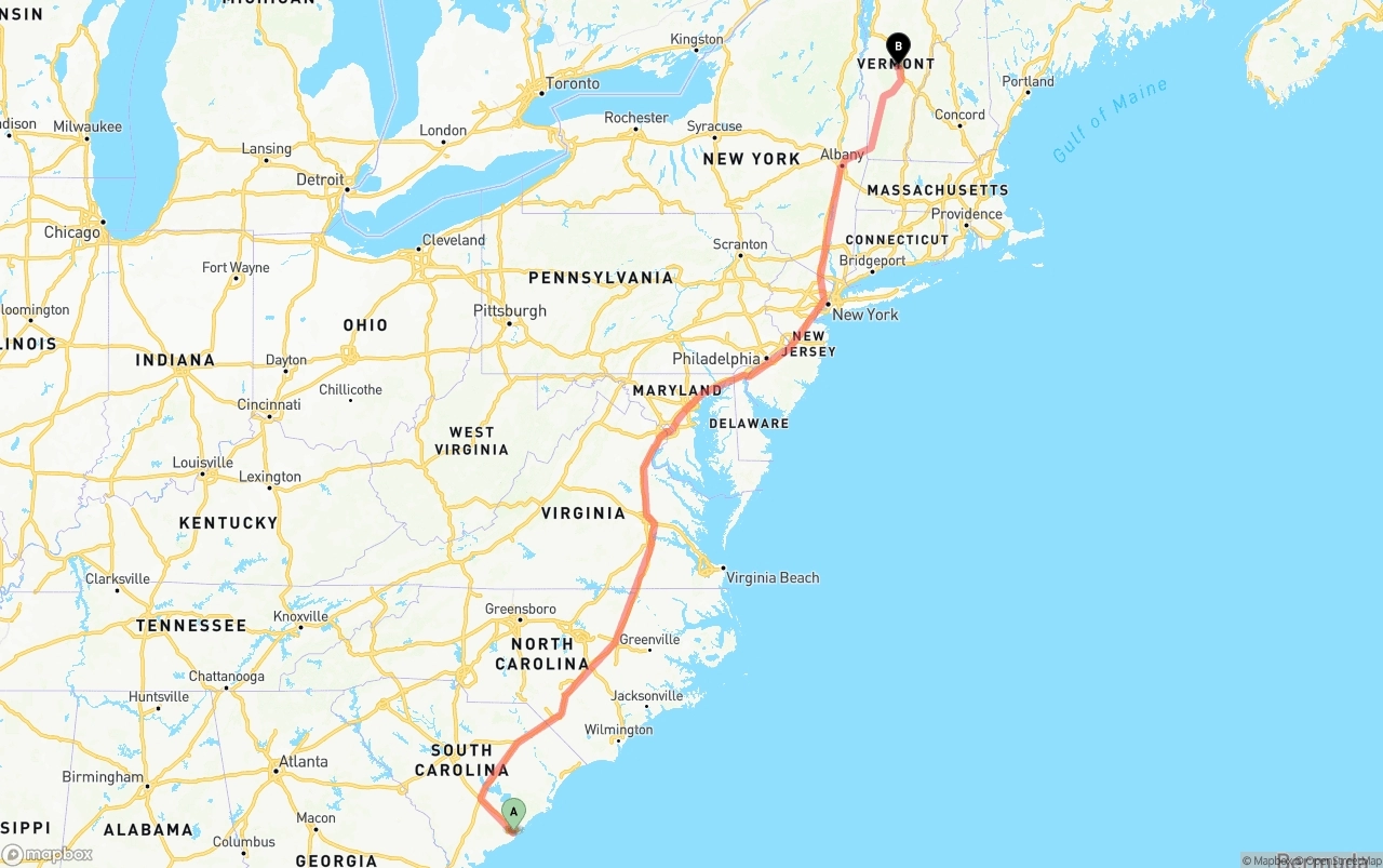 Shipping route from Port of Charleston to Vermont