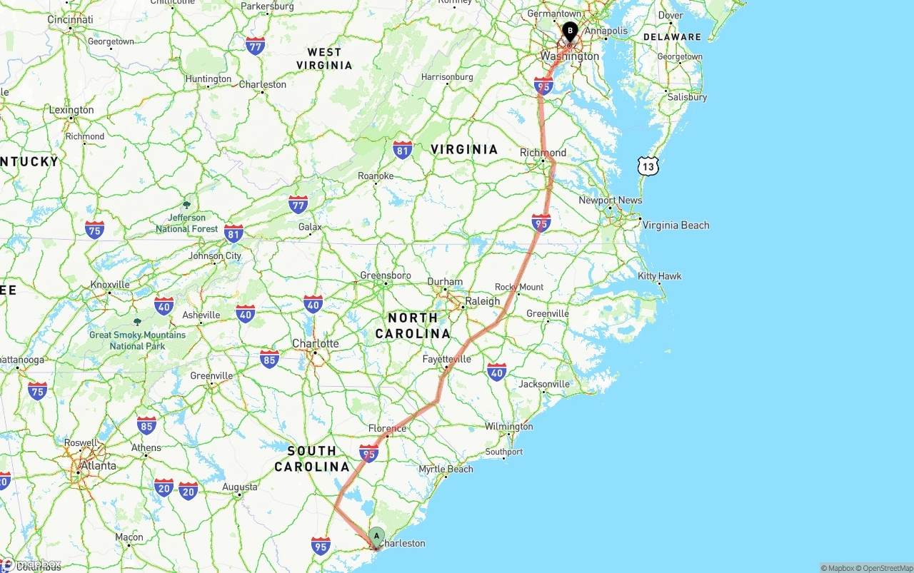 Shipping route from Port of Charleston to Washington D.C.