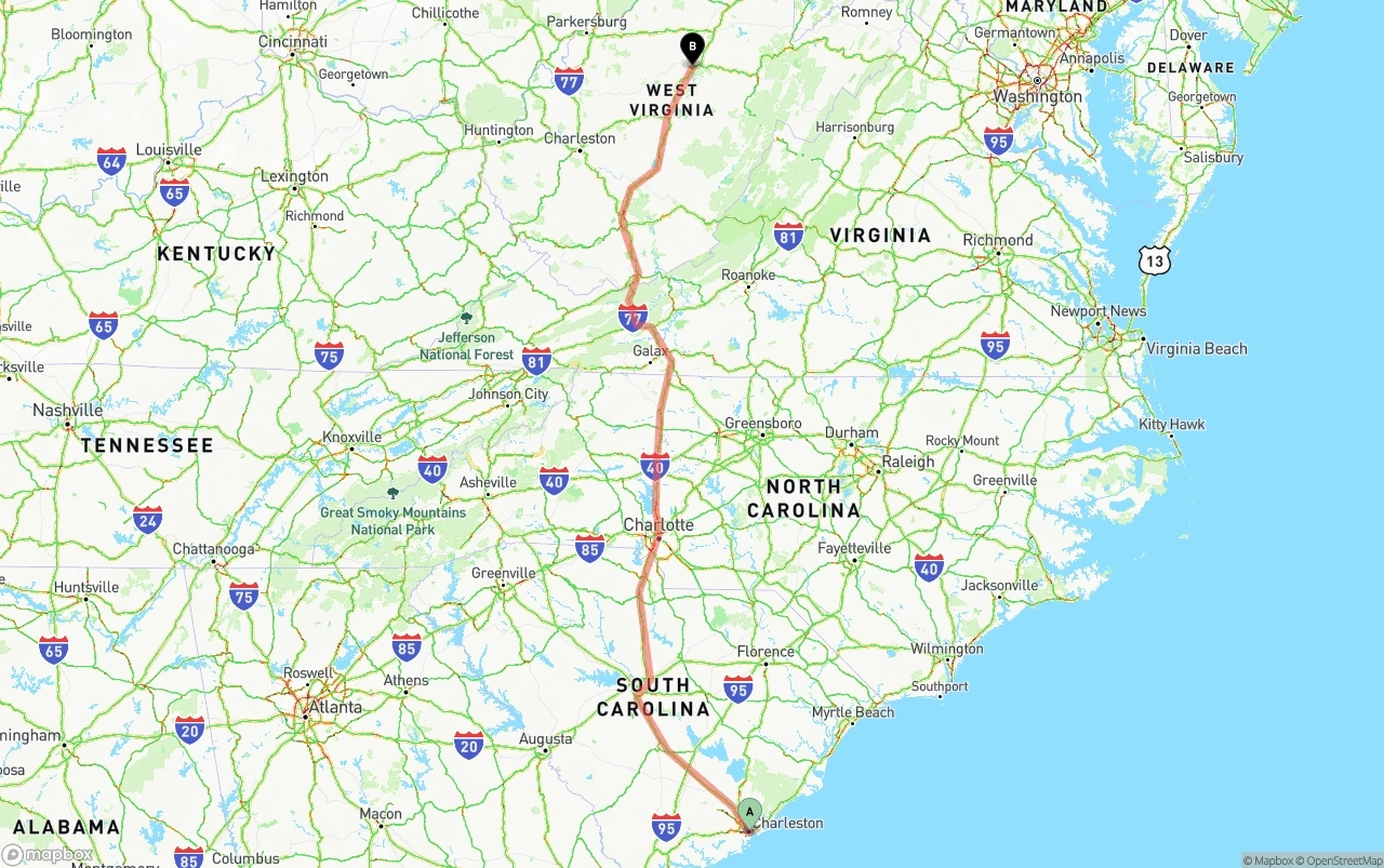 Shipping route from Port of Charleston to West Virginia