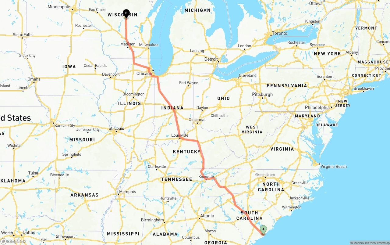 Shipping route from Port of Charleston to Wisconsin