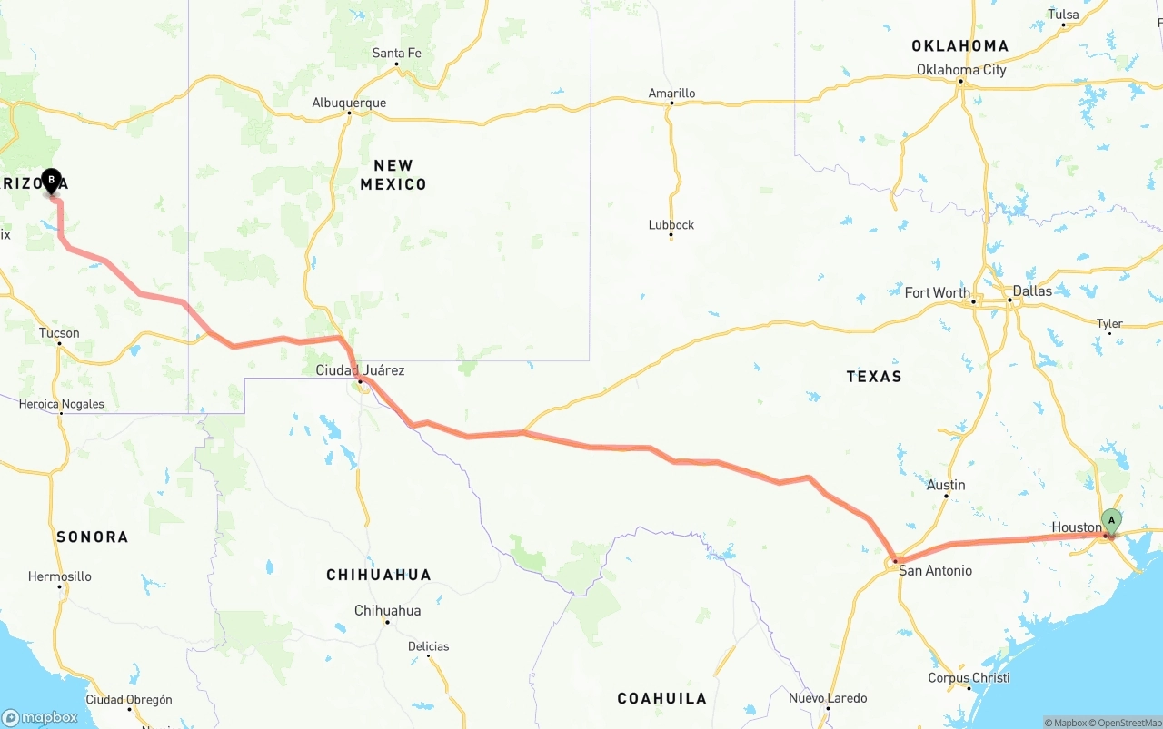 Shipping route from Port of Houston to Arizona