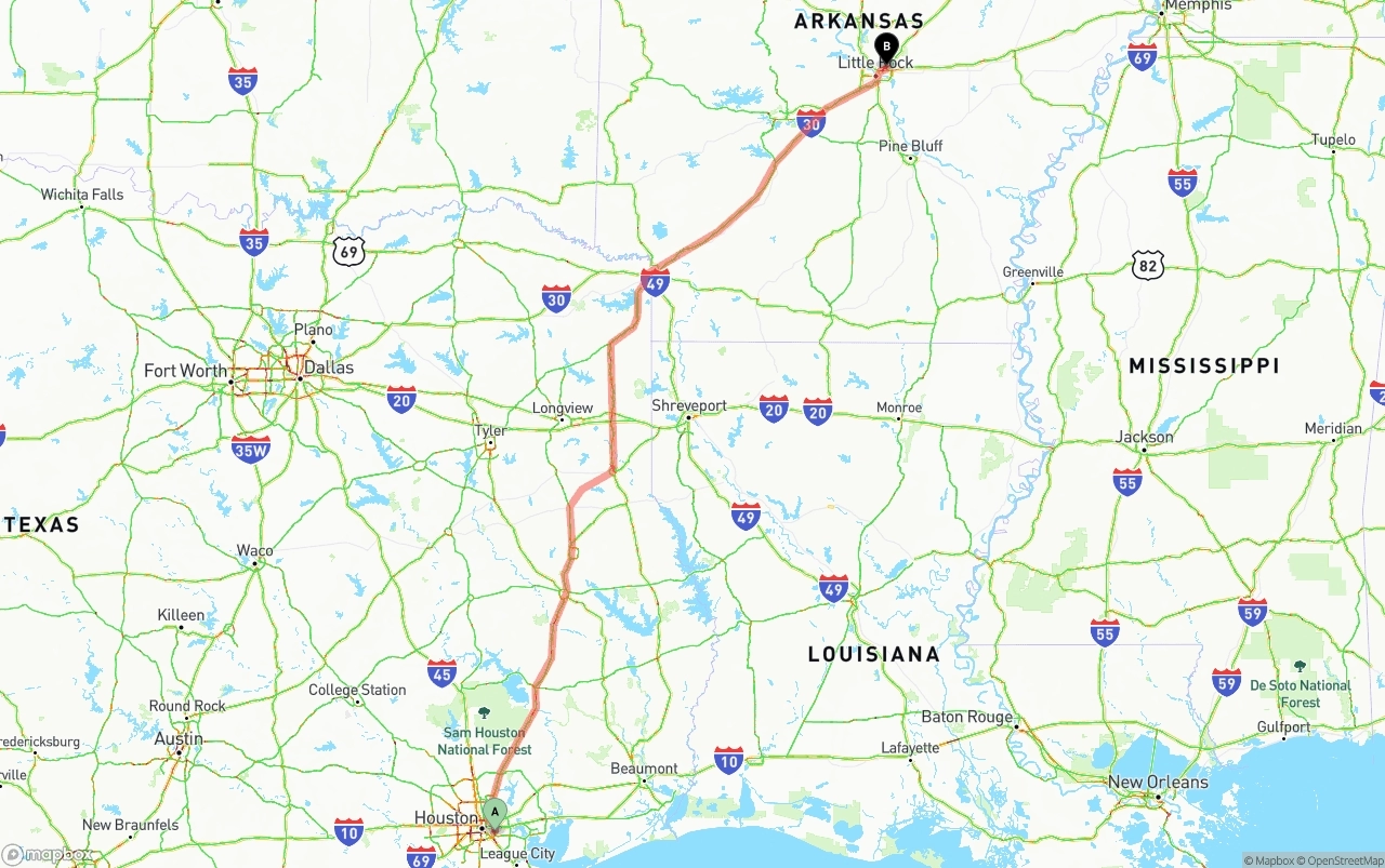 Shipping route from Port of Houston to Arkansas