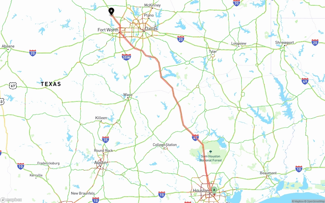 Shipping route from Port of Houston to Aurora