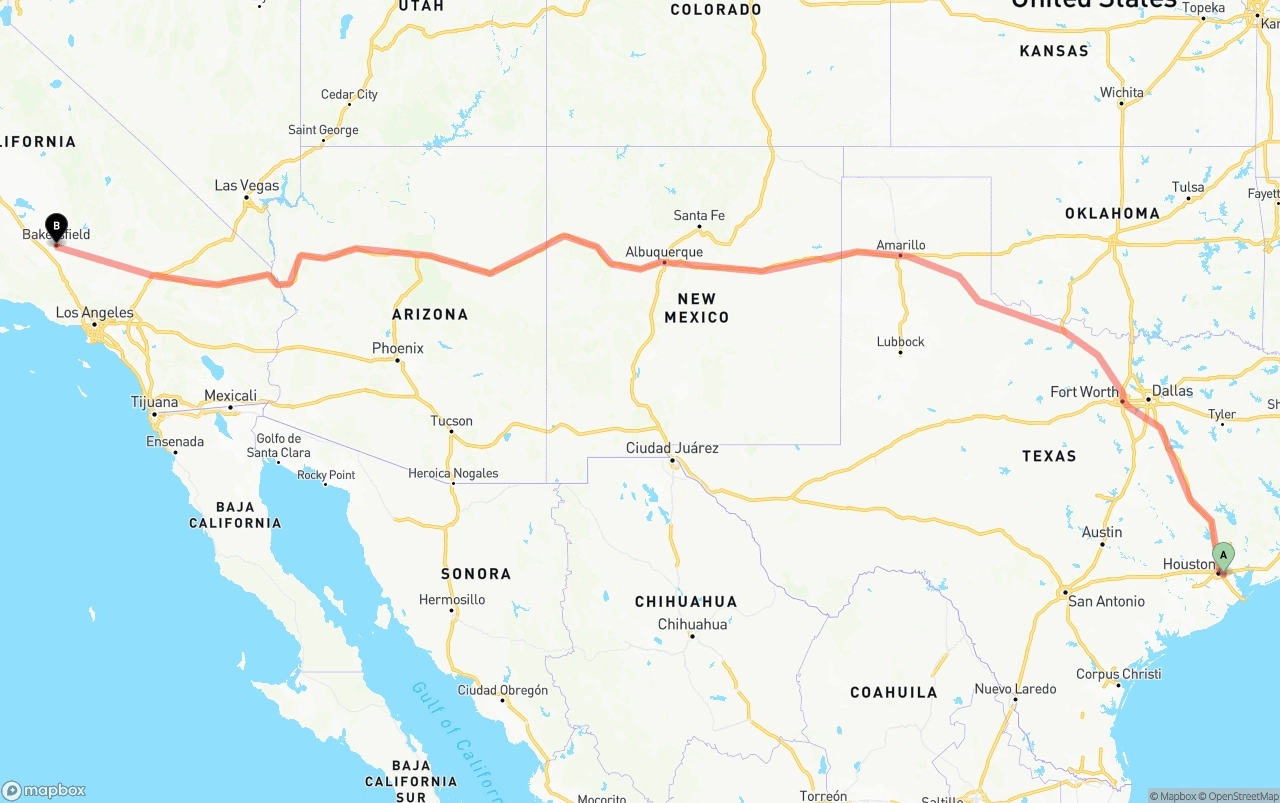 Shipping route from Port of Houston to Bakersfield