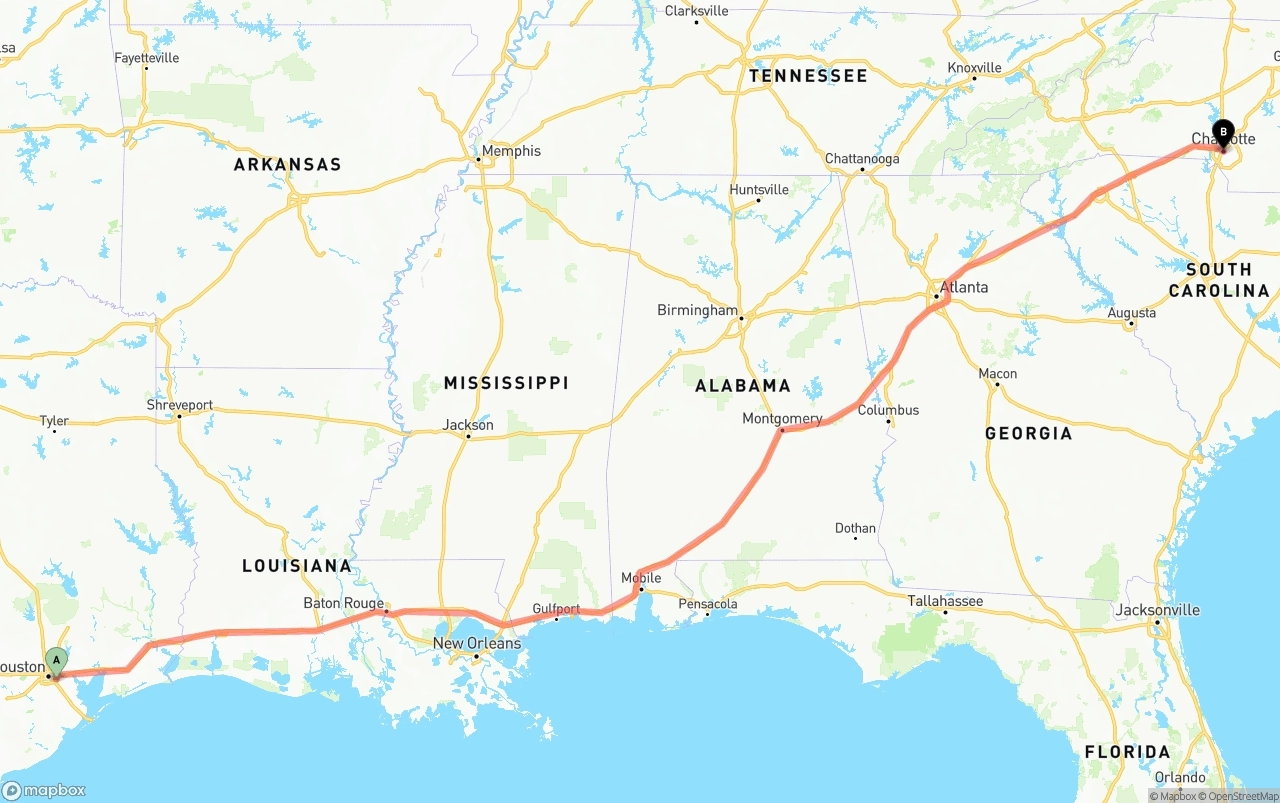 Shipping route from Port of Houston to Charlotte