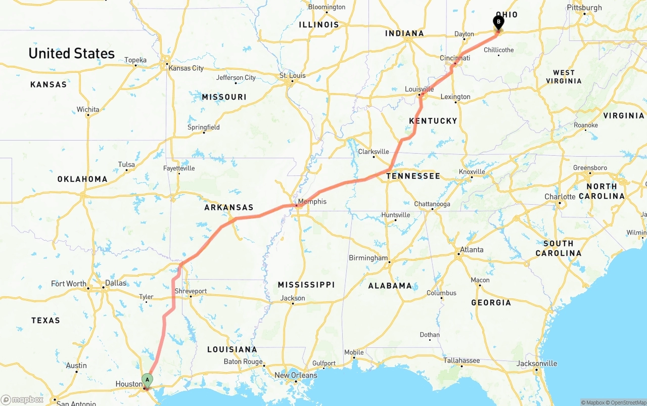 Shipping route from Port of Houston to Columbus