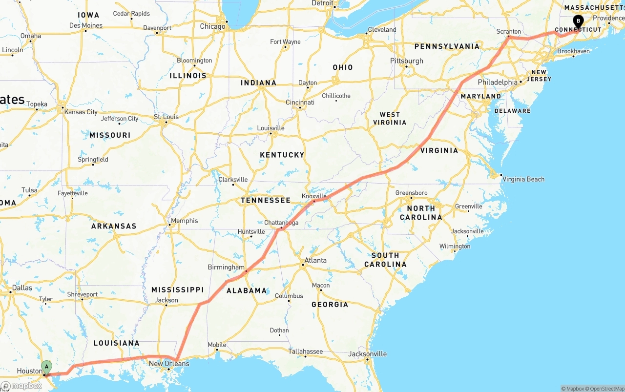 Shipping route from Port of Houston to Connecticut