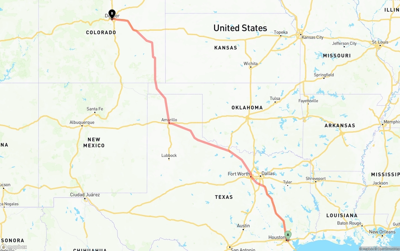 Shipping route from Port of Houston to Denver