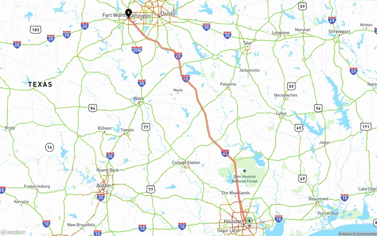 Shipping route from Port of Houston to Fort Worth