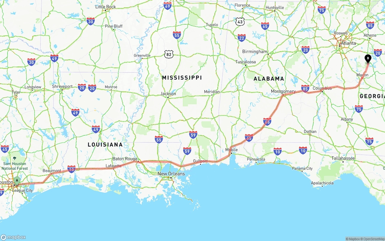 Shipping route from Port of Houston to Georgia