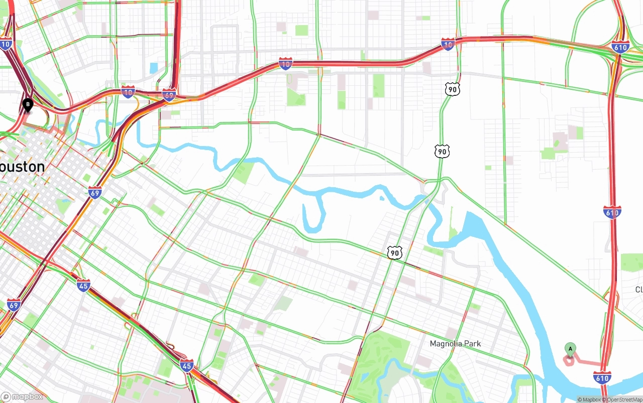 Shipping route from Port of Houston to Houston
