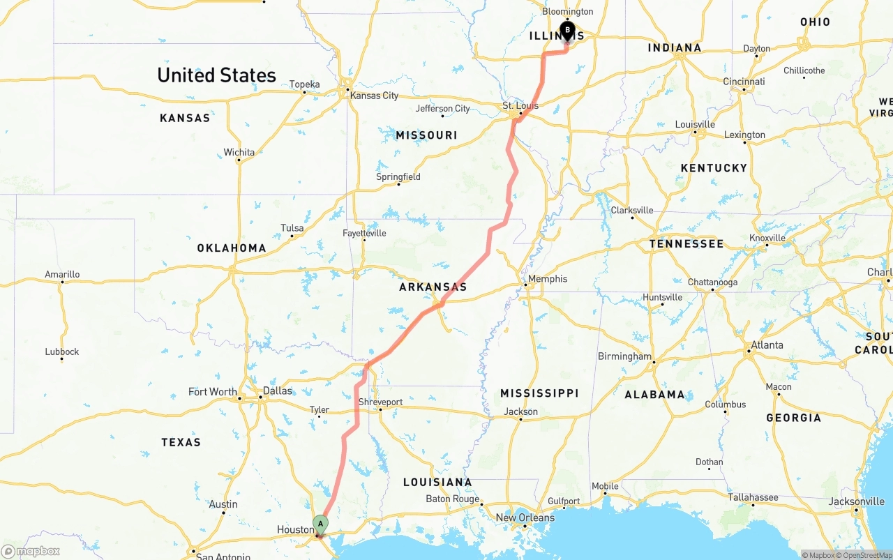 Shipping route from Port of Houston to Illinois