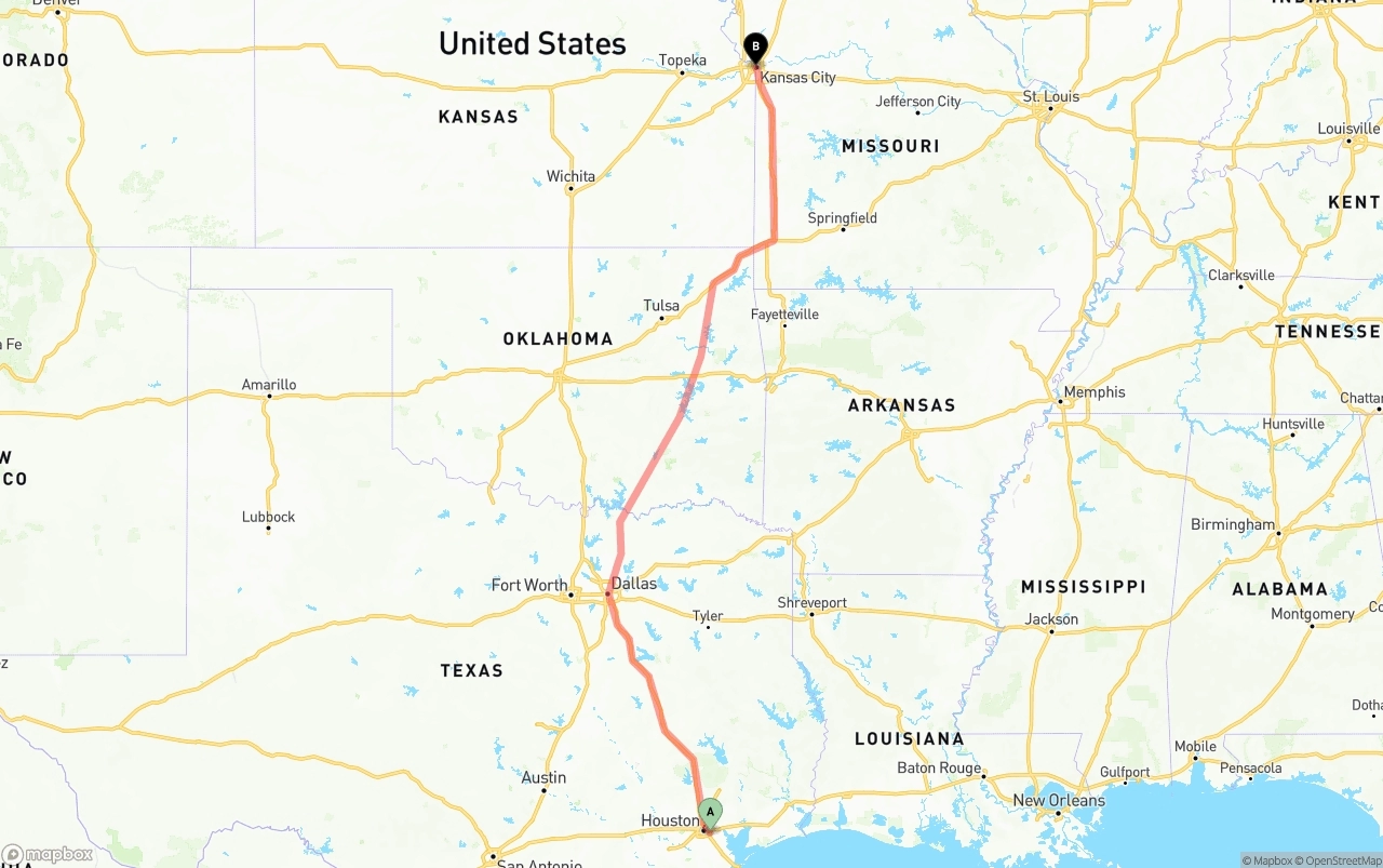 Shipping route from Port of Houston to Kansas City