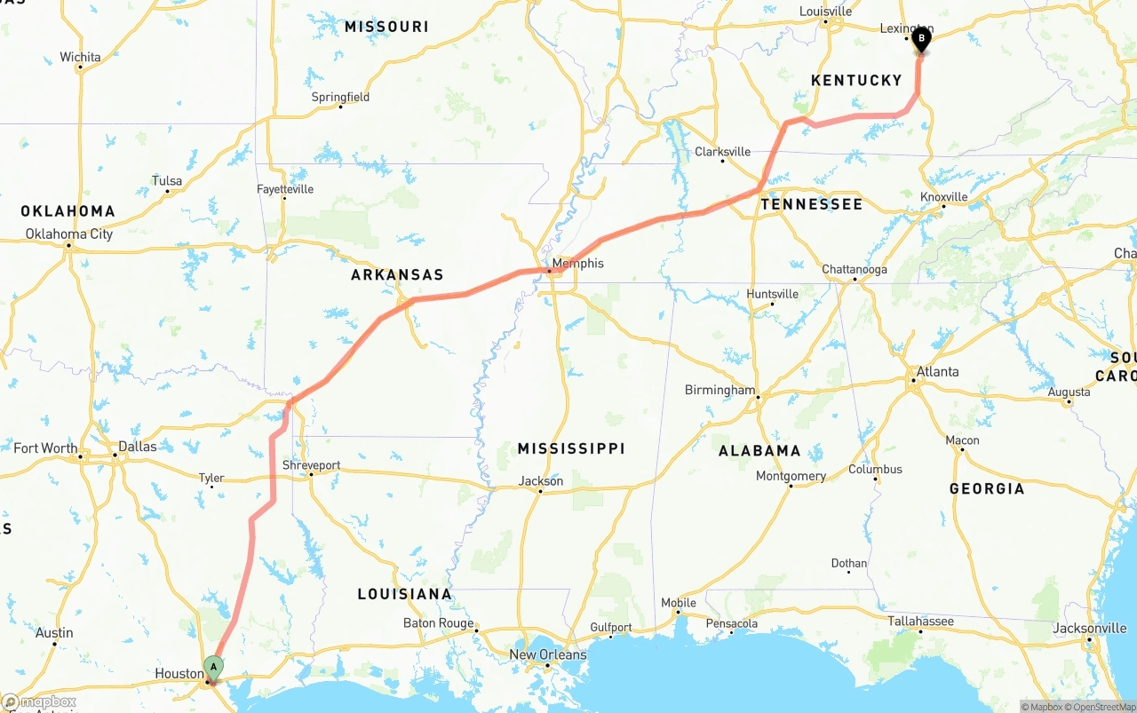 Shipping route from Port of Houston to Kentucky
