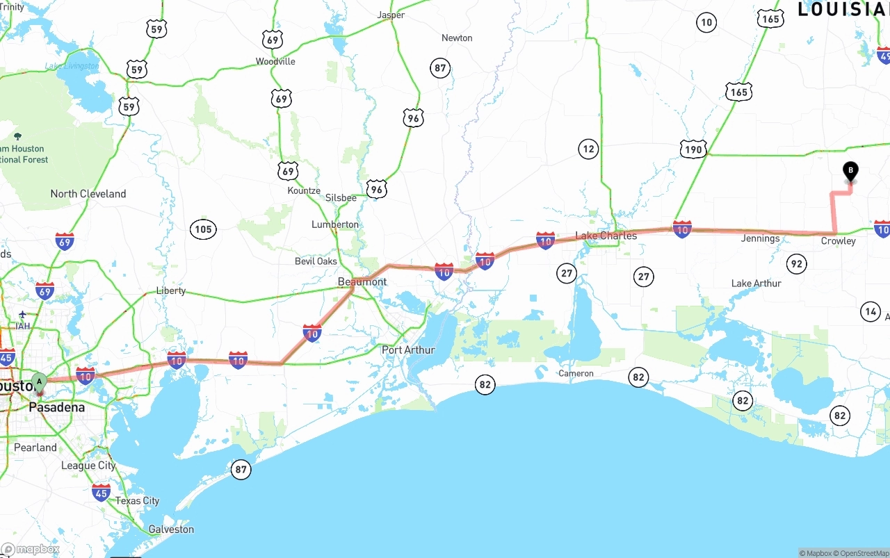 Shipping route from Port of Houston to Louisiana