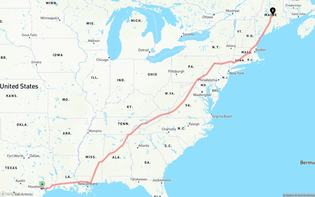 Shipping route from Port of Houston to Maine