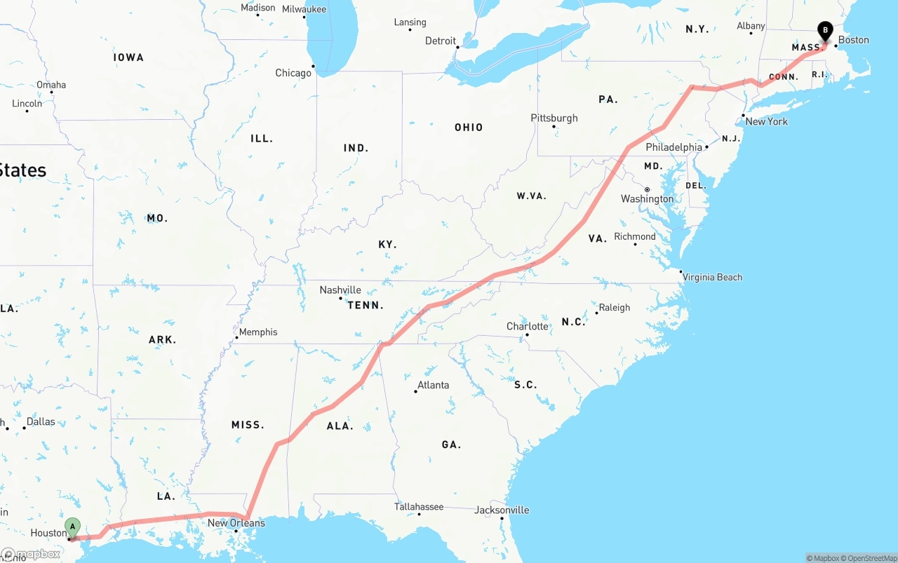 Shipping route from Port of Houston to Massachusetts