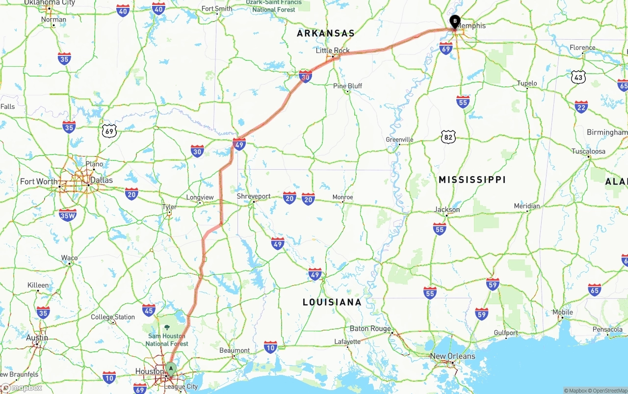 Shipping route from Port of Houston to Memphis