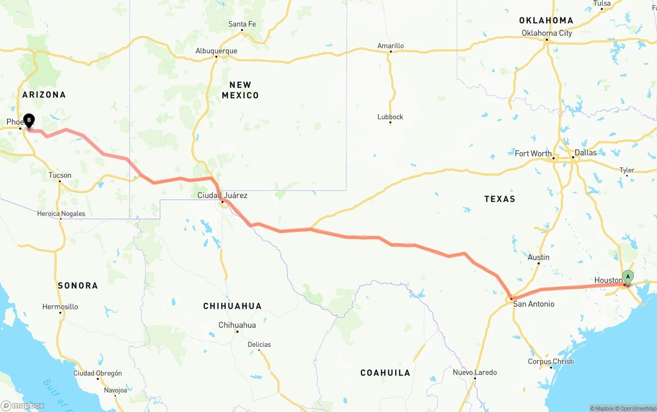Shipping route from Port of Houston to Mesa