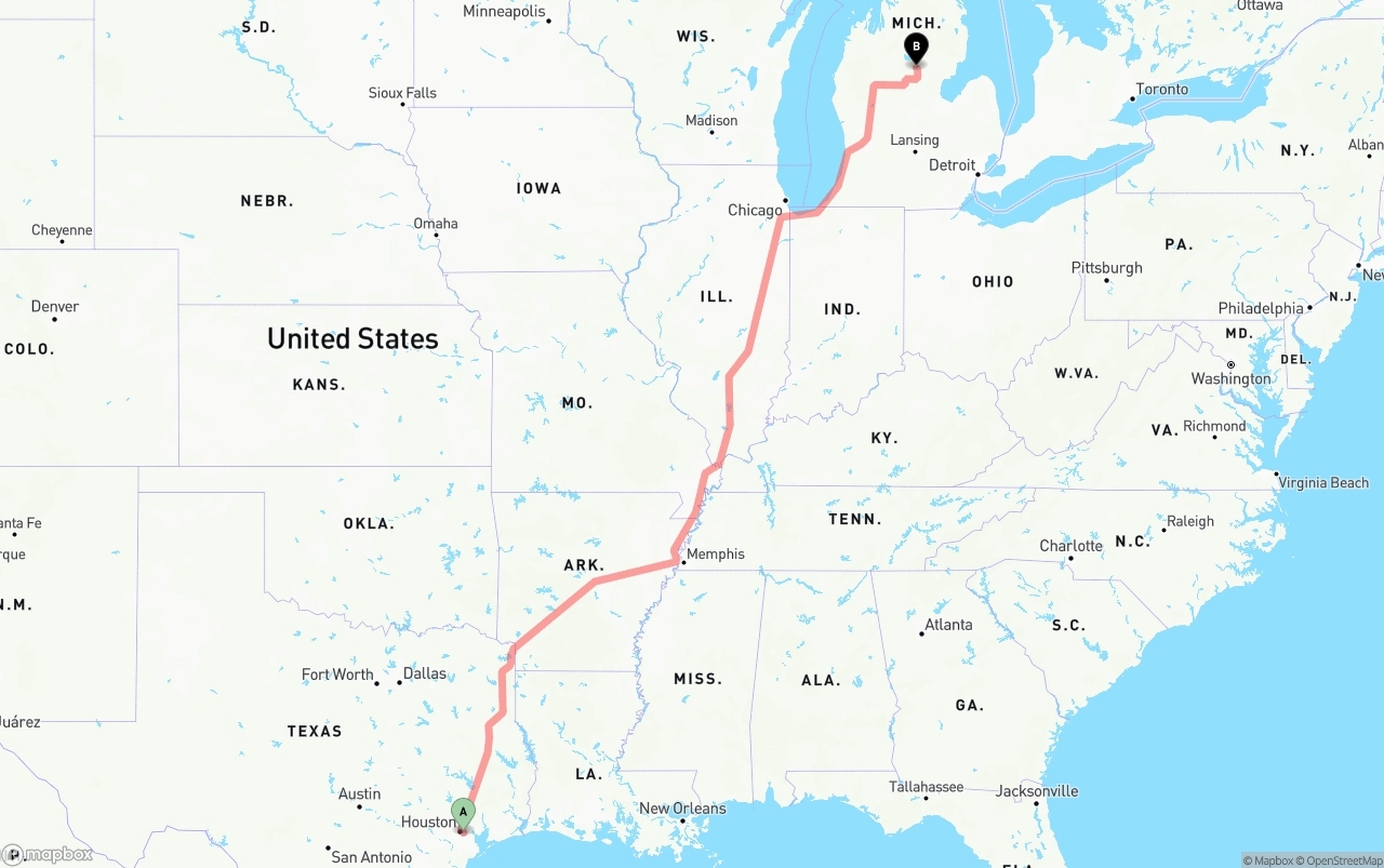 Shipping route from Port of Houston to Michigan