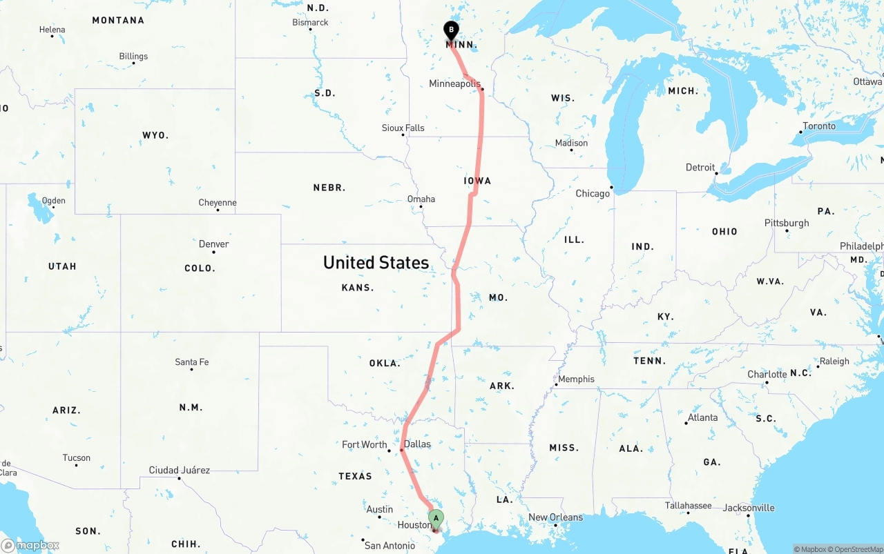 Shipping route from Port of Houston to Minnesota