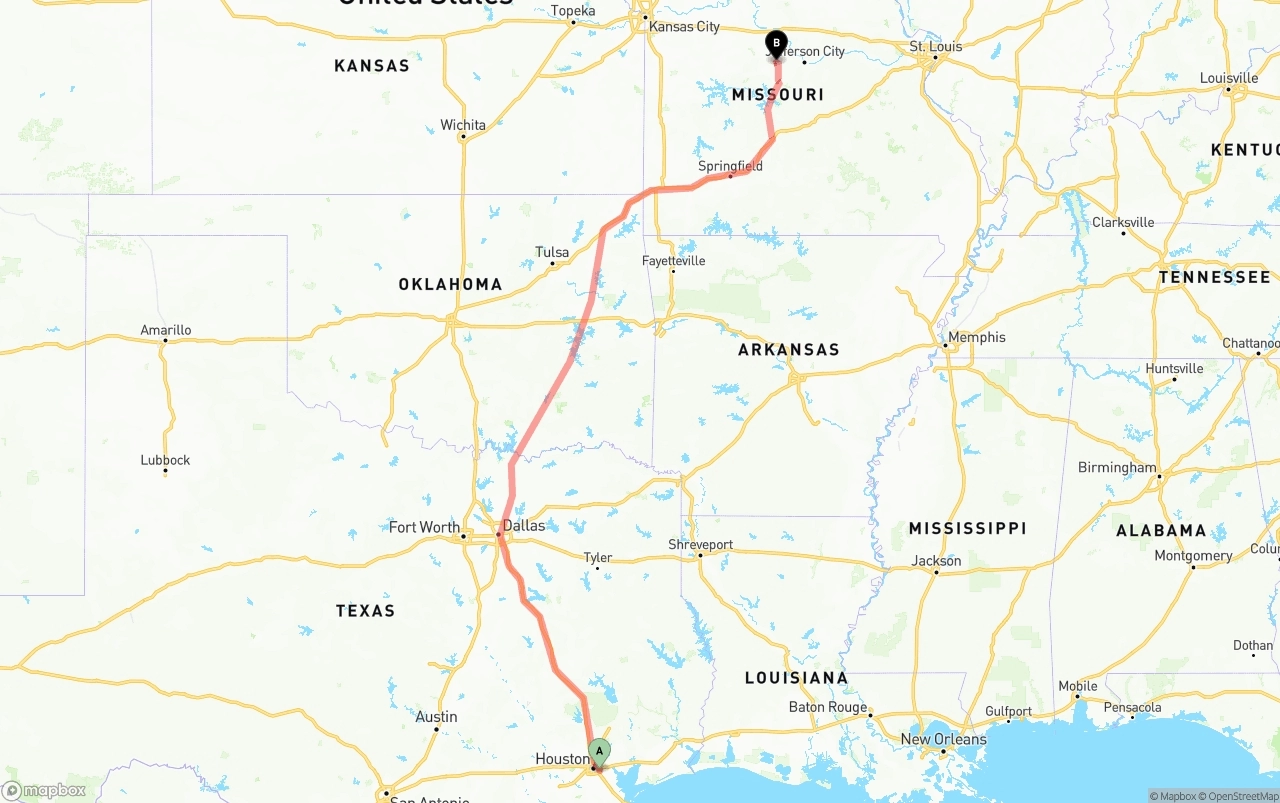 Shipping route from Port of Houston to Missouri